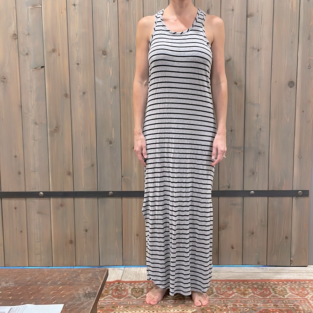 Grey Cotton T-Back Maxi Dress with Black Stripes. Blue Curl Beachware, Sz XS